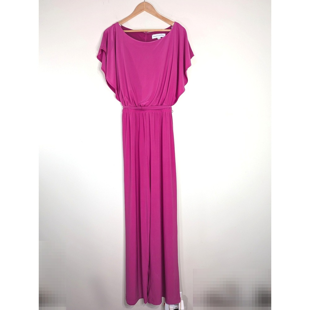 Emma & Michele Pink Jumpsuit; Wide Leg Flutter Sleeve Belted